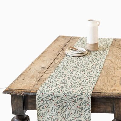 Linen table runner in mistletoe print