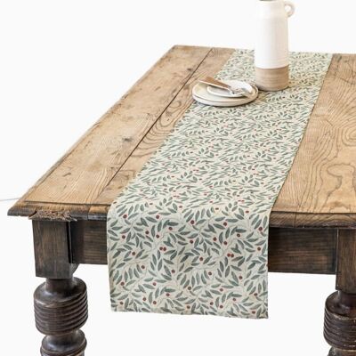 Linen table runner in mistletoe print