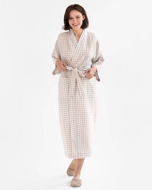 Linen robe MAJORCA in Natural gingham