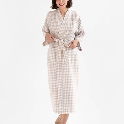 Linen robe MAJORCA in Natural gingham