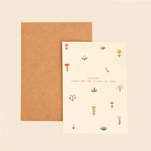 Floral Thank You Teacher Card | Thank You For Helping Me Grow | Card For Teacher | Thank You Greeting Card | Modern Teacher Card