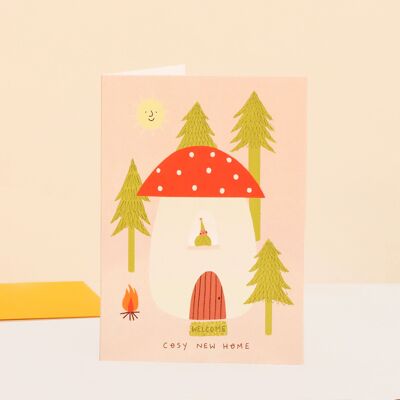 Toadstool Cozy New Home Carte | Carte de déménagement folklorique | Carte forestière | Carte de vœux aux champignons | Bonne nouvelle maison | Carte de déménagement | Nouvelles aventures