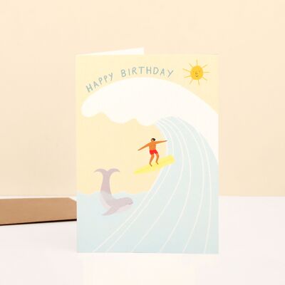 Surfer-Geburtstagskarte | Alles Gute zum Geburtstag | Männliche Geburtstagskarte | Strandgeburtstag | Surfkarte | Welle | Surfbrett | Wal | Mann auf einem Surfbrett