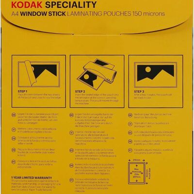 KODAK Window Stick KD-LMA4RW-PK10C - Bolsas plastificadoras A4, 150 micras, paquete de 10