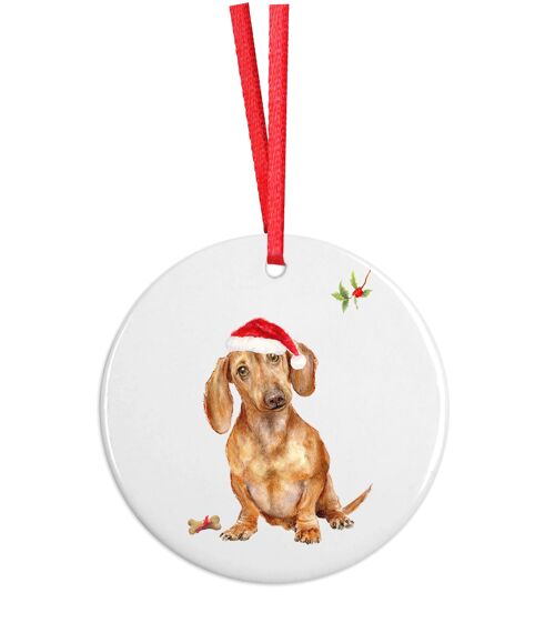 Pip, Dachshund, white ceramic hanging Christmas decoration, tree ornament by Jane Bannon