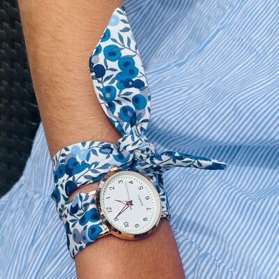 Children's blue scarf watch, Wiltshire blue fabric strap, small dial