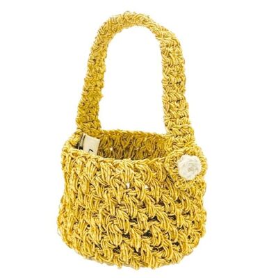 Mini cesta sostenible con asa dorada, 6x6 cm + asa - lurex y algodón orgánico - crochet hecho a mano en Nepal