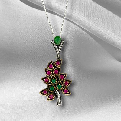 925 Blessing Tree Sterling Silver Gemstone Necklace with Tourmaline, Aventurine and Zirconia - K925-97/NK211175