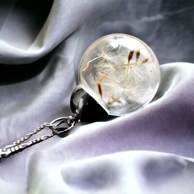Collana in argento sterling 925 con veri semi di tarassaco in pendente in vetro soffiato a mano - K925-54