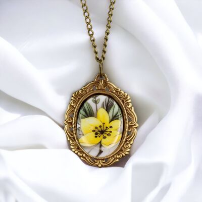 70s vintage style: unusual bronze necklace with porcelain cabochon and cheerful floral pattern - VIK-20