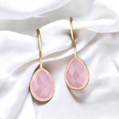 925 Sterling Gold Plated Rose Quartz Gemstone Earrings - OHR925-52