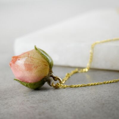 Ciondolo con vero bocciolo di rosa - Placcato in oro sterling 925 - Gioielli naturali - K925-61