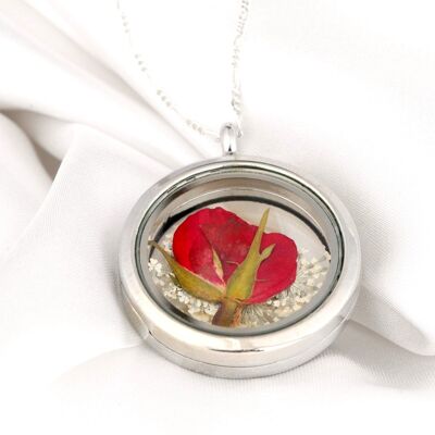 Pendentif médaillon rose rouge véritable - Collier en argent sterling 925 K925-46