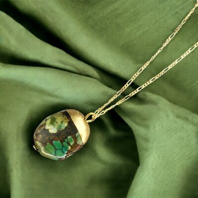 Elegante ciondolo con pietra preziosa turchese nei toni del verde/marrone con catena in sterling 925 placcata in oro - unico - K925-119