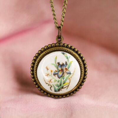 Bijoux voyage dans le temps : collier vintage avec cabochon en céramique des années 70 et motif fleur - VIK-32