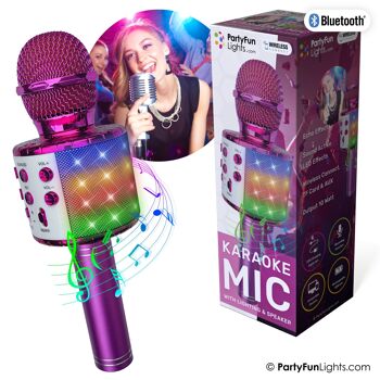 Microphone karaoké Bluetooth avec effets de lumière et haut-parleur en rose 1