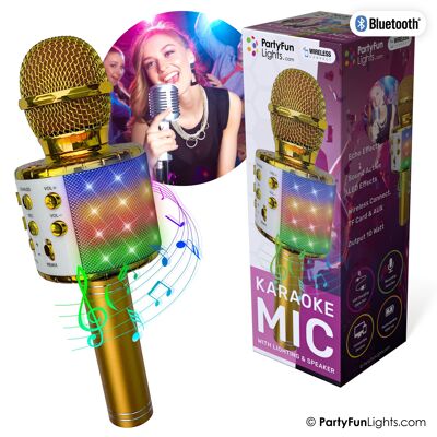 PartyFunLights Microphone karaoké Bluetooth avec effets lumineux et haut-parleur doré