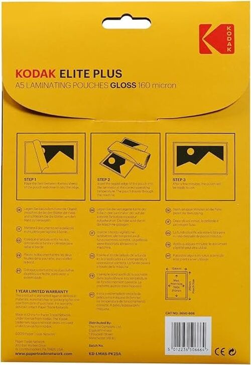 KODAK KD-LMA5-PK25A - Pochettes de plastification A5, 125 microns, Lot de 25