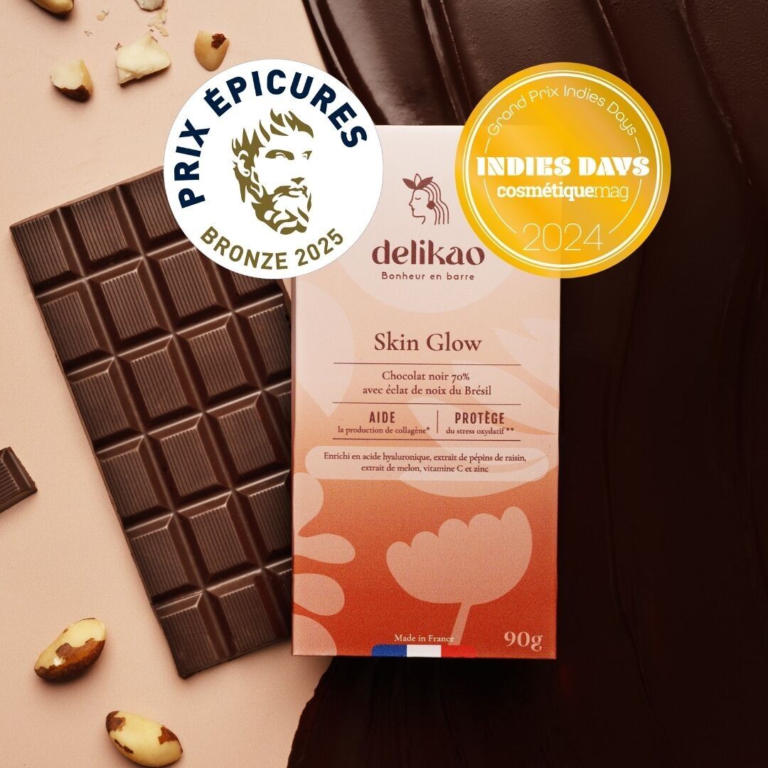 Chocolat PEAU hydratation profonde- noir 70%  noix du Brésil - enrichi en acide hyaluronique, zinc, sélénium, vitamine C, SOD de melon, pépins de raisins