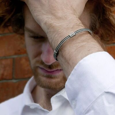 BRACELET DOUBLE TRESSE FINE + 3 NOEUDS COULANTS - ARGENT ET ARGENT OXYDÉ - FAIT MAIN - HOMME&FEMME
