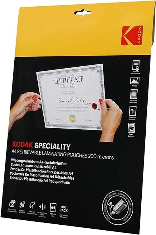 KODAK Retrievable Laminating Pouches KD-LMA4RET-PK10F - Pochette de Plastification Réutilisable A4, 200 Microns, Lot de 10