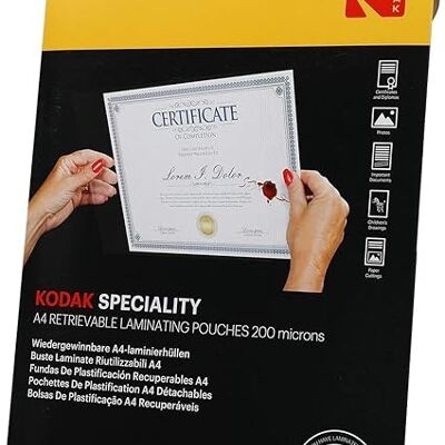 Buste di plastificazione recuperabili KODAK KD-LMA4RET-PK10F - Buste di plastificazione riutilizzabili A4, 200 micron, confezione da 10