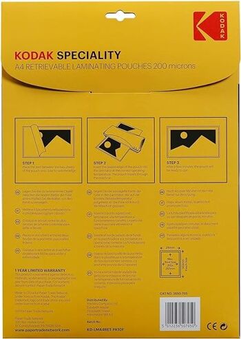 KODAK Retrievable Laminating Pouches KD-LMA4RET-PK10F - Pochette de Plastification Réutilisable A4, 200 Microns, Lot de 10 2