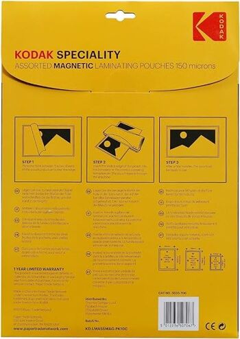 KODAK Assorted Magnetic Laminating Pouches KD-LMASSMAG-PK10C - Pochette de plastification magnétique KODAK, Taille : 3 x A4, 4 x 6" x 4", 3 x 5" x 7", 150 Microns, Lot de 10 2