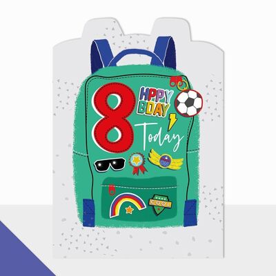 Tarjeta de mochila verde de octavo cumpleaños - Artbox Happy Birthday Backpack 8