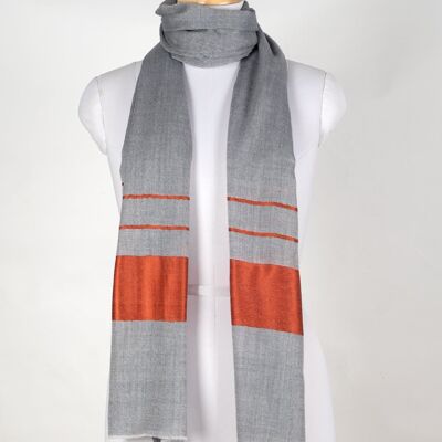 Border and Stripes Cashmere Wool Scarf - Grey Orange