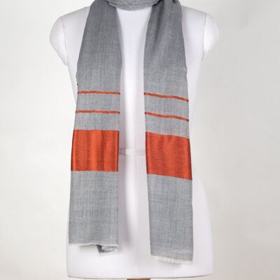 Bufanda de lana de cachemira con borde y rayas - Gris Naranja