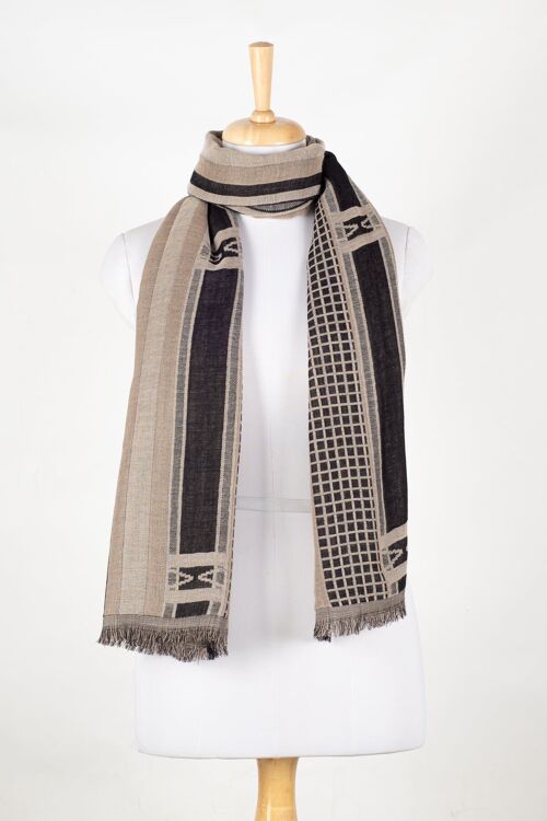 Checks and Stripes Abstract Jacquard Merino Wool Scarf - Black Beige