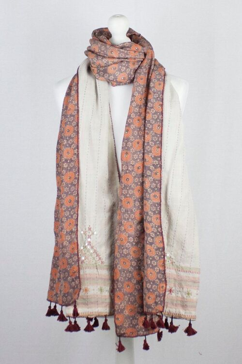 Double Sided Ajrakh Print Silk and Woolen Embroidered Scarf - Orange Off White