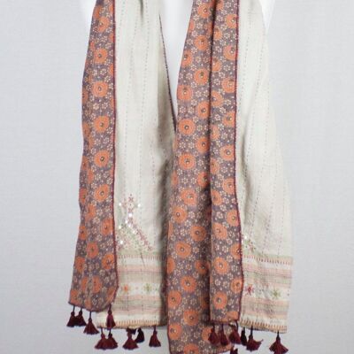 Bufanda bordada de lana y seda con estampado Ajrakh de doble cara - Naranja Blanco roto