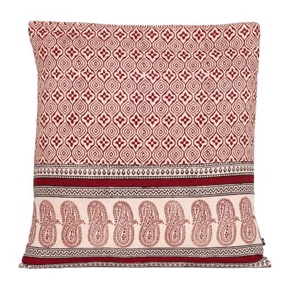 Geometrisches Muster mit Paisley-Rand, Bagh-Kissenbezug aus Baumwolle mit Handblockdruck – Rot Schwarz