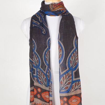 Indian Flower and Leaves Merino Wool Scarf - Grey Multicoloured