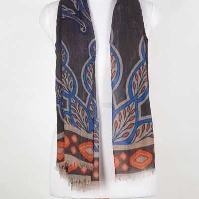 Indian Flower and Leaves Merino Wool Scarf - Grey Multicoloured