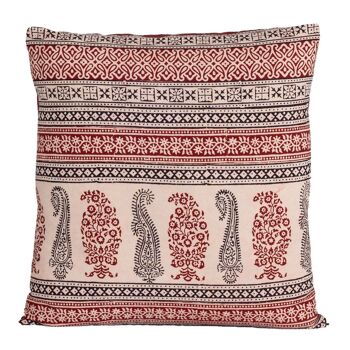 Housse de coussin en coton imprimé à la main Bagh à motif cachemire et géométrique - Rouge Noir 1