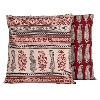 Housse de coussin en coton imprimé à la main Bagh à motif cachemire et géométrique - Rouge Noir 3