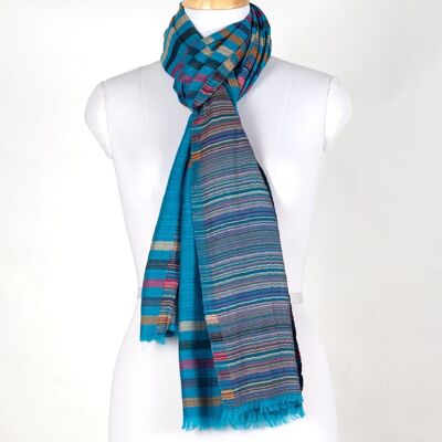 Bufanda reversible de lana de cachemira Vivid Stripes - Turquesa Multicolor