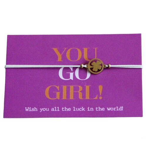 'You Go Girl' clover bracelet on card