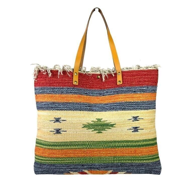 Borsa Shopper Tappeto con Manici Lunghi in Pelle da Donna