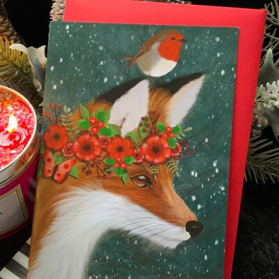 Winter Solstice , Christmas Holiday Seasonal greetings card. Fox woodland