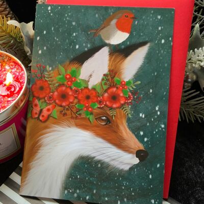 Winter Solstice , Christmas Holiday Seasonal greetings card. Fox woodland