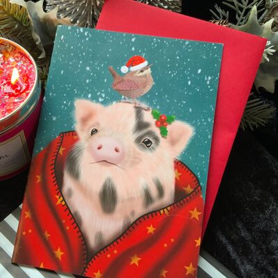 Pig in Blanket Christmas Holiday seasonal greetings card. Animal , blank inside