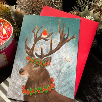 Yuletide, Christmas Holiday seasonal Greetings Card. Stag Woodland