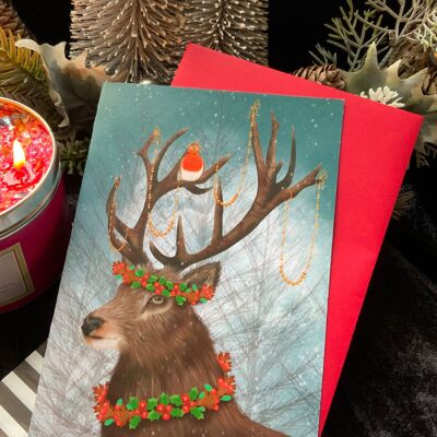 Yuletide, Christmas Holiday seasonal Greetings Card. Stag Woodland