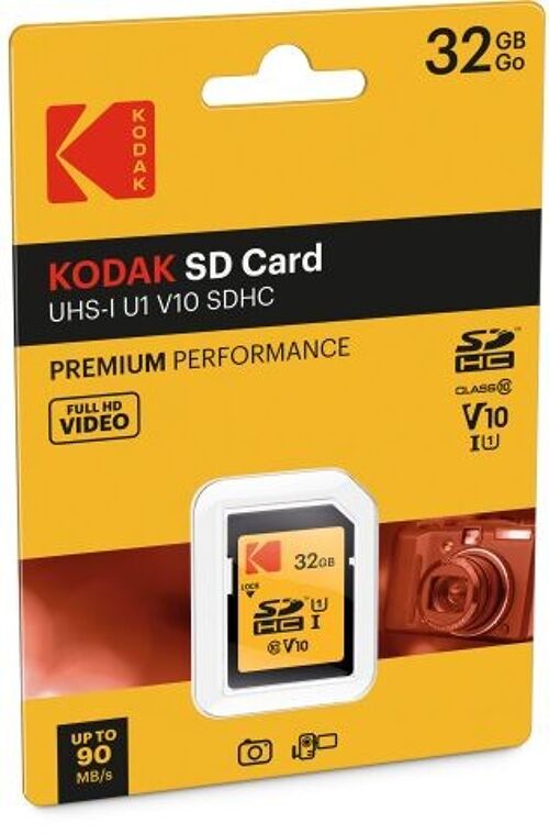 Kodak - Carte SD 32 Go UHS-I U1 V10 SDHC/XC - Carte Mémoire - Vitesse de Lecture 85MB/s Max - Vitesse d'Écriture 25MB/s Max - Stockage de Vidéos Full HD et de Photos Haute Définition - SD Card