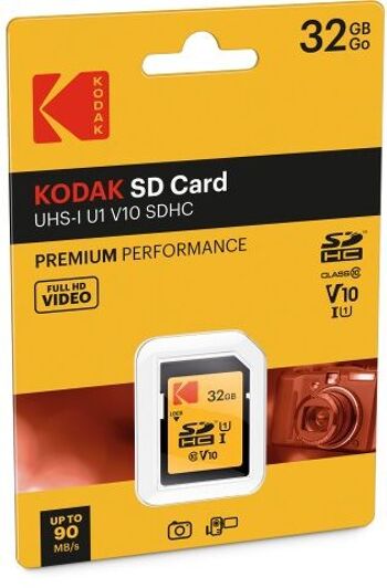Kodak - Carte SD 32 Go UHS-I U1 V10 SDHC/XC - Carte Mémoire - Vitesse de Lecture 85MB/s Max - Vitesse d'Écriture 25MB/s Max - Stockage de Vidéos Full HD et de Photos Haute Définition - SD Card 1