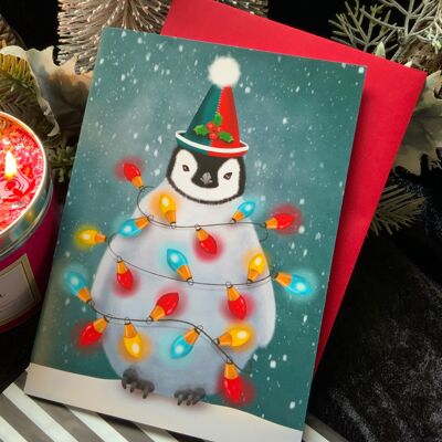 Let it Glow . Christmas Holiday Seasonal Greetings Card . Cute animal penguin